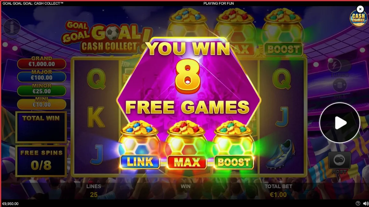 Tampilan antarmuka slot Goal Goal Goal: Cash Collect dengan tema sepak bola